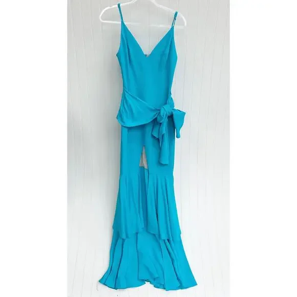 PatBO Bo Maxi Dress Turquoise Blue Viscose Ruched V-Neck Slit Resort Event 4